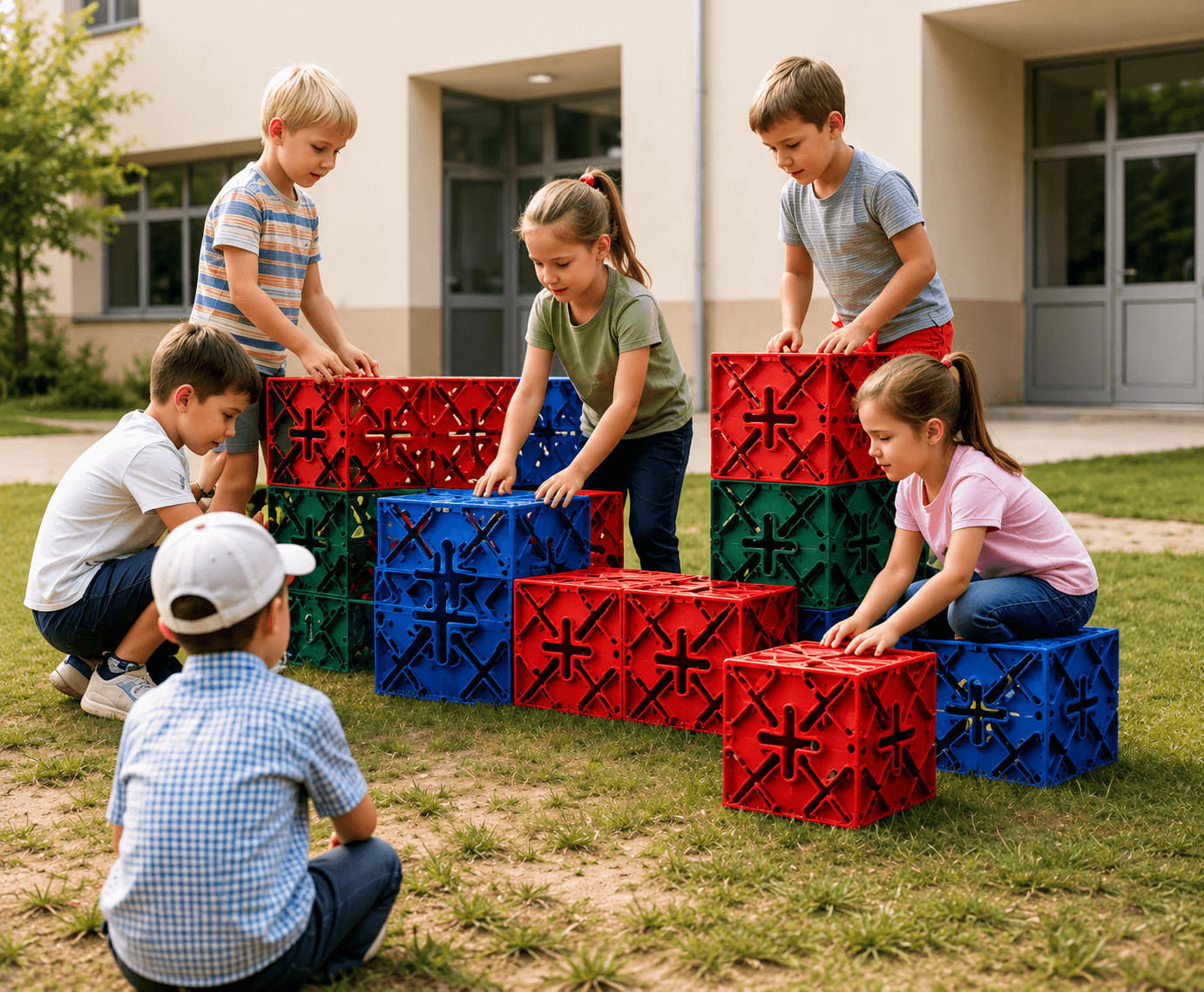 Dzieci wspólnie budujące konstrukcję z dużych klocków X Blocks