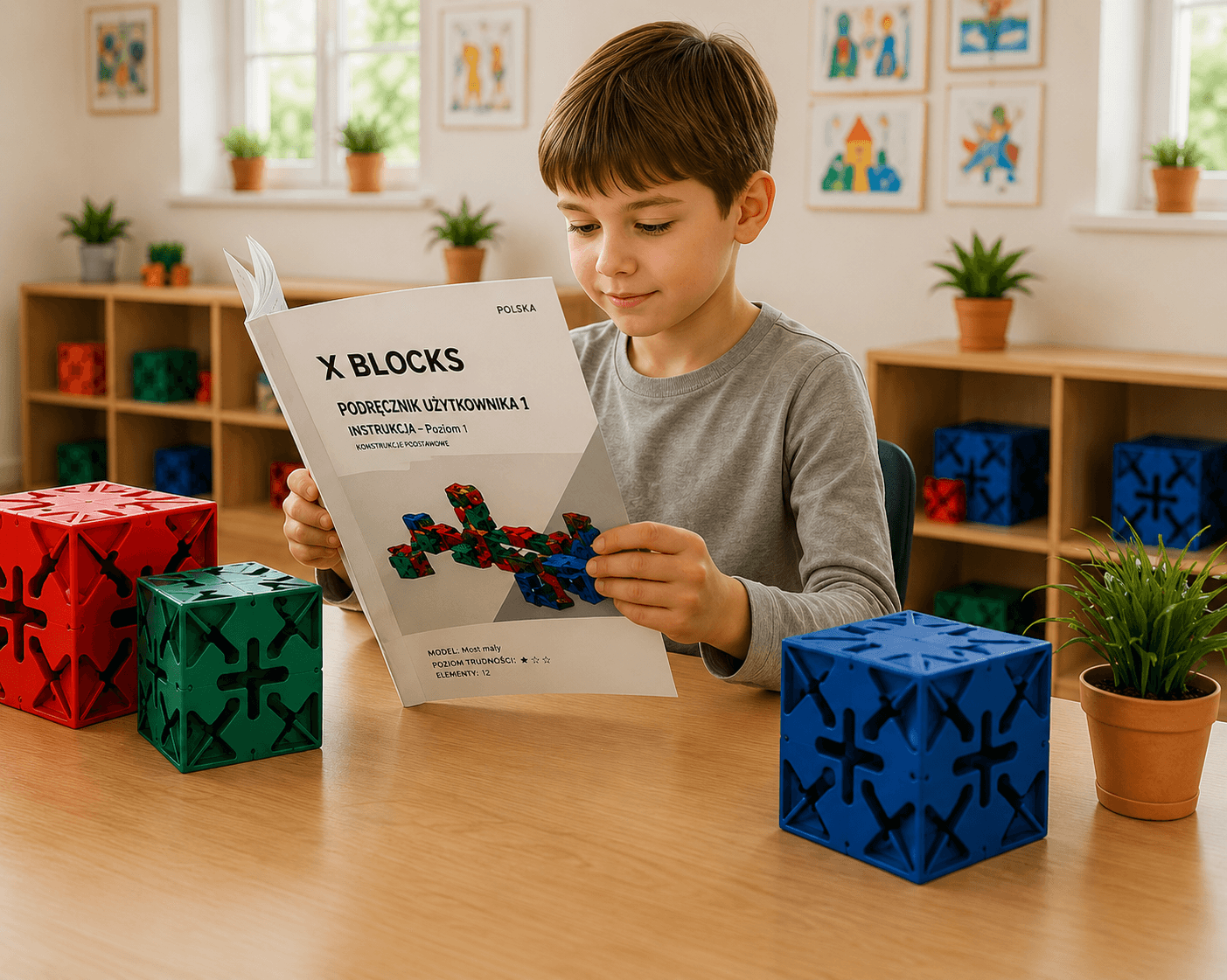 Dziecko czytające instrukcję X Blocks w sali edukacyjnej